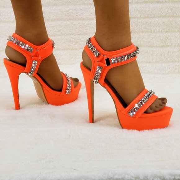 Lemonade Shoes - Genius Neon Orange Neoprene High Heel Platform Harness Shoes